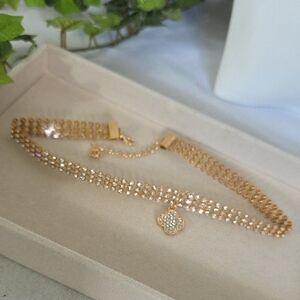 Gold and Clear Rhinestone Choker Necklace with Dangle Clover Charm